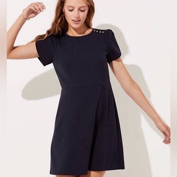 LOFT Dresses & Skirts - Ann Taylor LOFT | Women’s navy/white pinstripe dress, flutter cap sleeves, sz 14